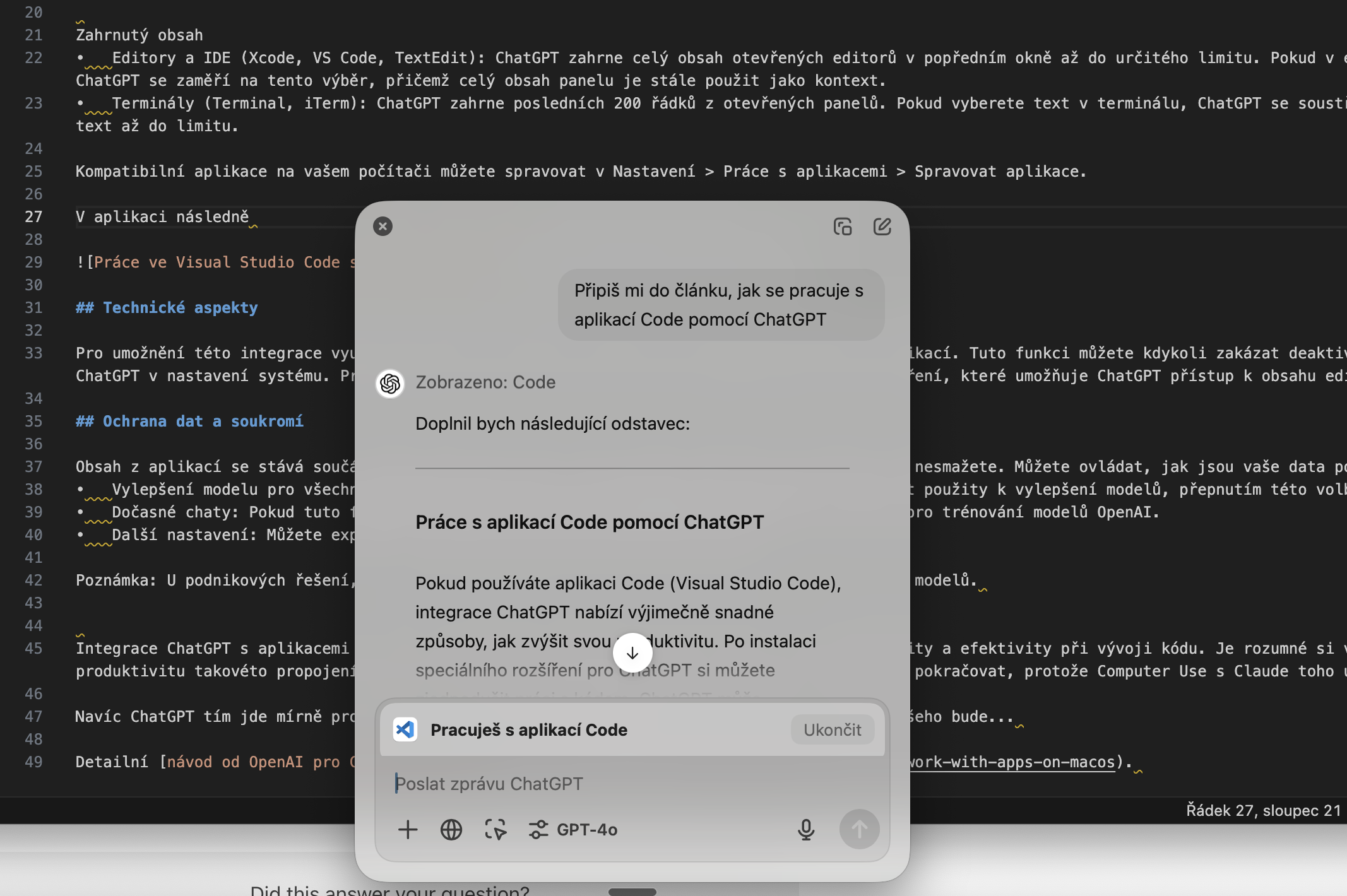 ChatGPT Editace článku ve VS Code